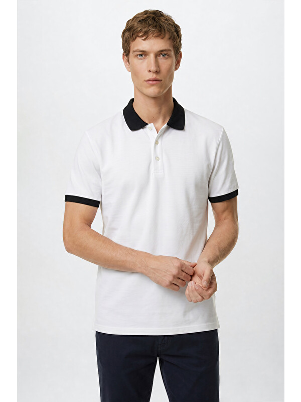 Altınyıldız Classics Erkek Beyaz-Lacivert %100 Pamuk Slim Fit Dar Kesim Polo Yaka Tişört