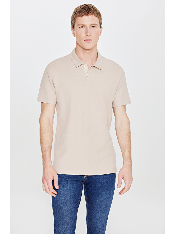 AC&Co / Altınyıldız Classics Erkek Bej %100 Pamuk Slim Fit Dar Kesim Polo Yaka Jakarlı Triko Tişört