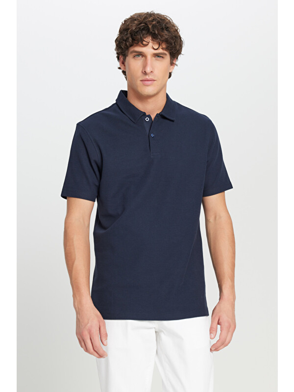 AC&Co / Altınyıldız Classics Erkek Lacivert %100 Pamuk Slim Fit Dar Kesim Polo Yaka Jakarlı Triko Tişört