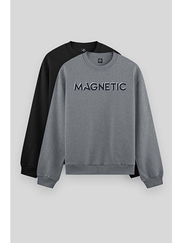 Tommylife Rahat Form O Yaka 2'li Paket Siyah-Gri Melanj Erkek Sweatshirt - 88020