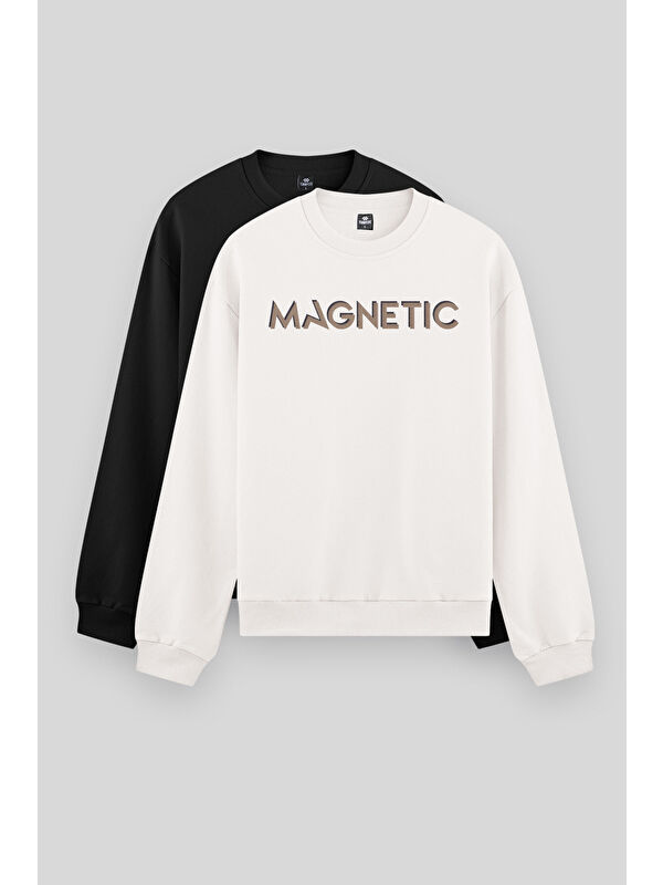 Tommylife Rahat Form O Yaka 2'li Paket Siyah-Ekru Erkek Sweatshirt - 88020