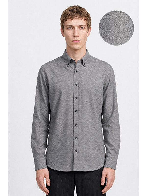 Altınyıldız Classics Erkek Gri Pamuklu Slim Fit Dar Kesim Düğmeli Yaka Diagonal Desenli Flanel Gömlek