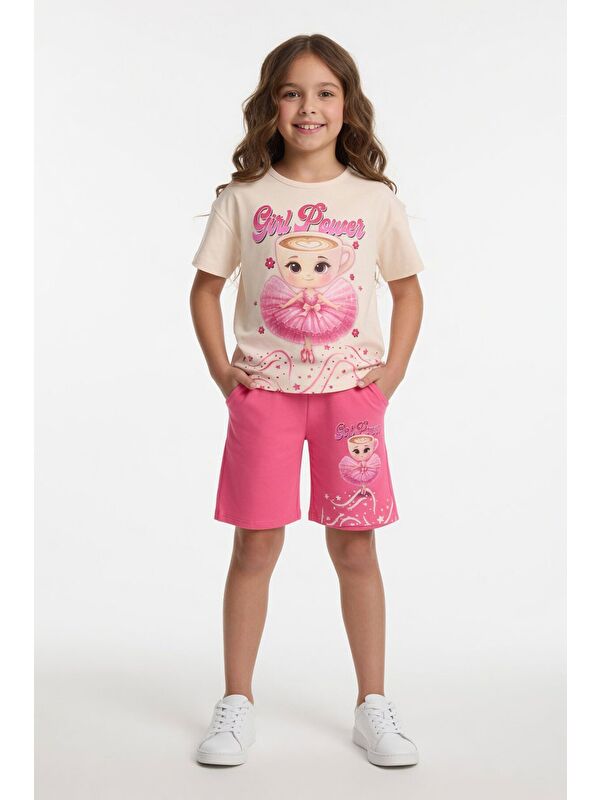 Cansın Mini Pembe Balerin Desenli Tişörtlü Kız Çocuk Şortlu 2li Takım 23878