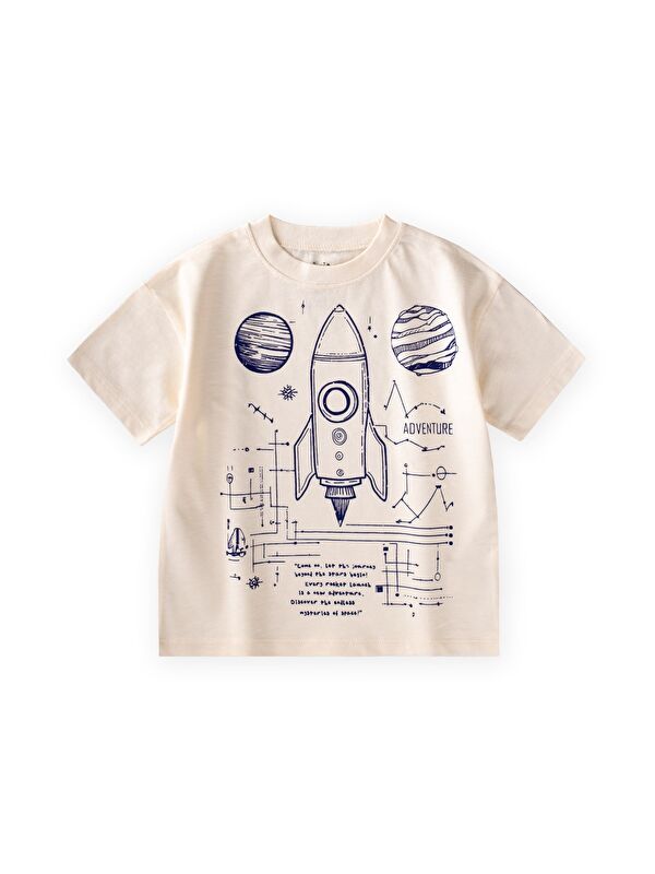 CİGİT Roket Baskılı T-Shirt 2-12 Yaş Ekru
