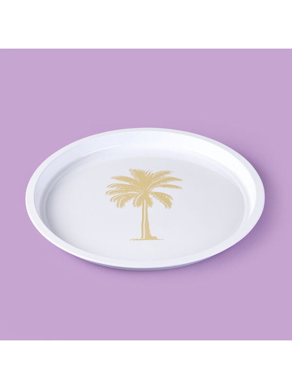 Sarkap Palm Desenli Yuvarlak Tepsi - Krem / Kahverengi - 24x24 cm