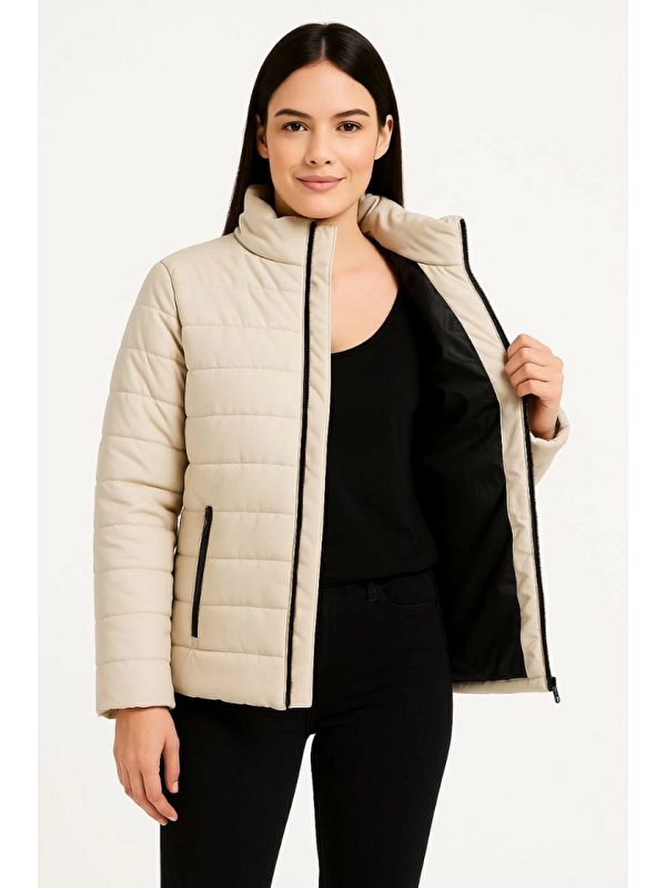 Jane's Bomber Mont Ceket – Su İtici Kumaş, Kapitone Astarlı, Fermuarlı, Kışlık - Bej