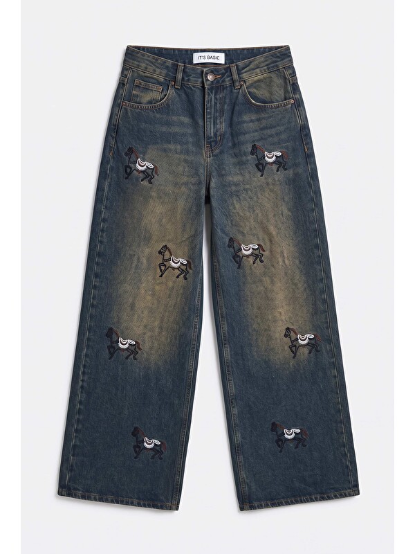 It's Basic Kadın Koyu Jean 2w6-8 Palazzo Fit Özel Nakış Desenli Tasarım Denim Jean