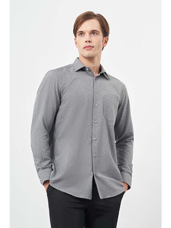 İMZA Füme Uzun Kol Düz Gabardin Sert Yaka Cepli Pamuklu Classic Comfort Fit Gömlek 1004245168