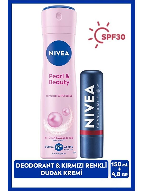 NIVEA SPF30 Güneş Koruyucu Nemlendirici Kırmızı Renkli Dudak Kremi ve Sprey Deodorant Pearl&Beauty 150ml