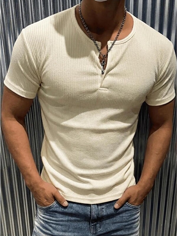 Oksit San Loe Erkek Slim Fit Elastanlı Henley Yaka Kısa Kollu Tişört - Düğmeli Esnek Kumaş