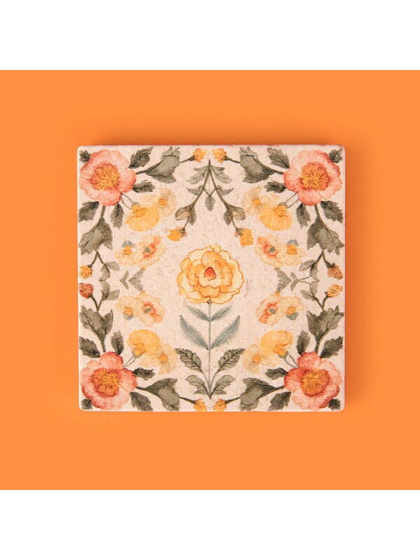 Evidea Kitchen Turuncu Çiçekli Taş Bardak Altlığı - Renkli - 10x10 cm