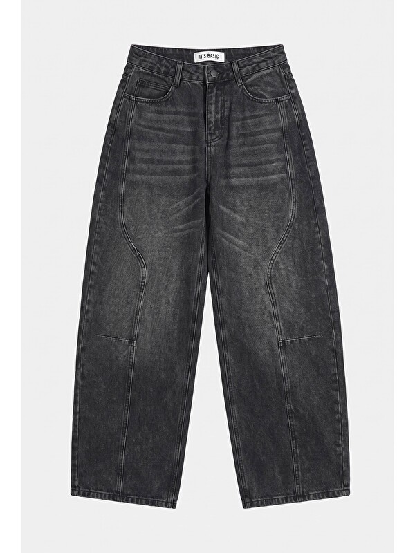 It's Basic Kadın Koyu Füme 2w6-1 Barrel Fit Kalp Jakron Detaylı Denim Jean