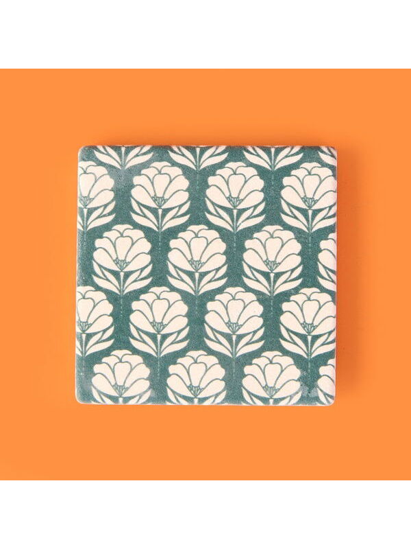 Evidea Kitchen Beyaz Çiçekli Taş Bardak Altlığı - Renkli - 10x10 cm