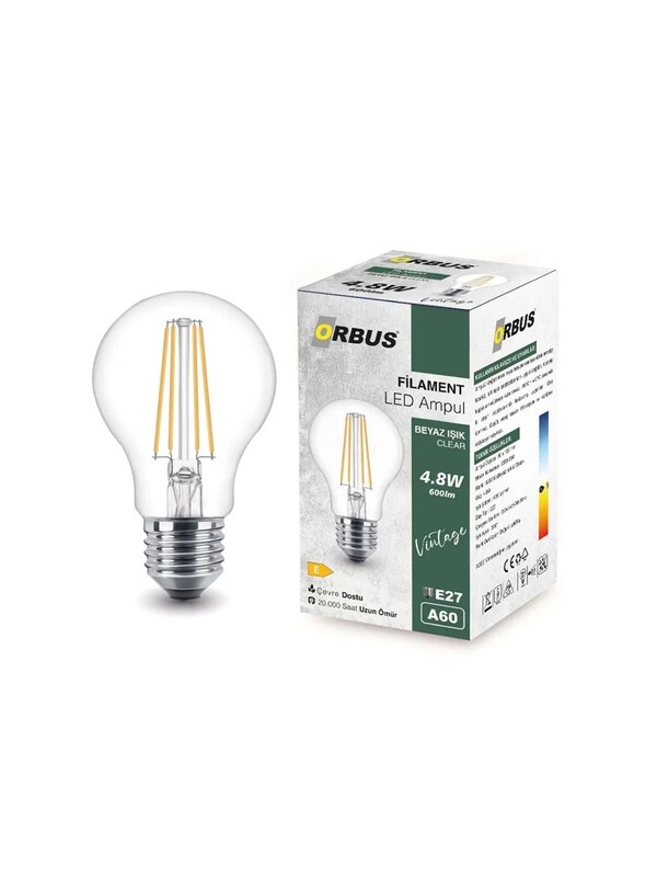 Orbus B60 4.8W Filament Bulb E27 600Lm Ampul - Beyaz Işık Clear