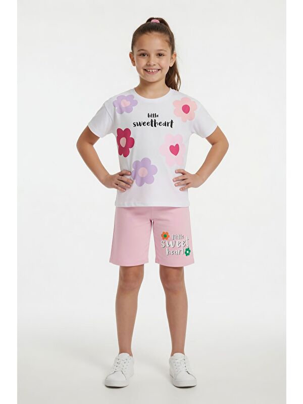 Cansın Mini Pembe Çiçek Desenli Tişörtlü Kız Çocuk Şortlu 2 Takım 23848