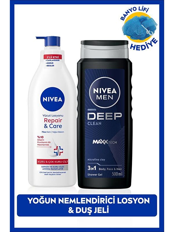 NIVEA MEN Erkek Deep Dimension Duş Jeli 500ml ve Repair Care Nemlendirici Vücut Losyonu 400ml, Lif Hediye