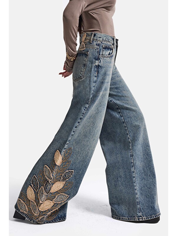 It's Basic Kadın Koyu Jean 4w6-8 Palazzo Fit Özel Nakış Desenli Tasarım Denim Jean