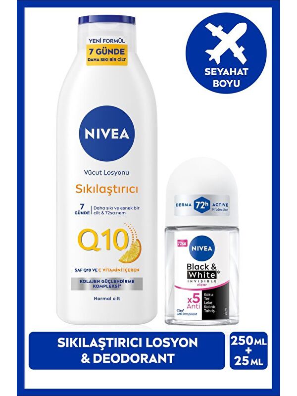 NIVEA Q10 Sıkılaştırıcı Vücut Losyonu 250ml ve Kadın Roll-on Deodorant Black&White Invisible Clear 2