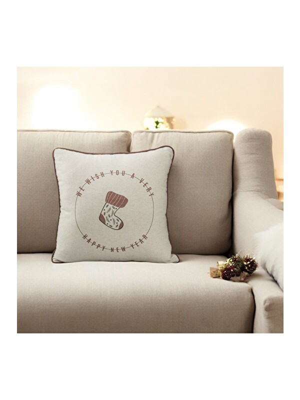 Asdiva Yılbaşı Desen Keten Kumaş Biyeli Dekoratif Kırlent Kumaşı  43x43 cm