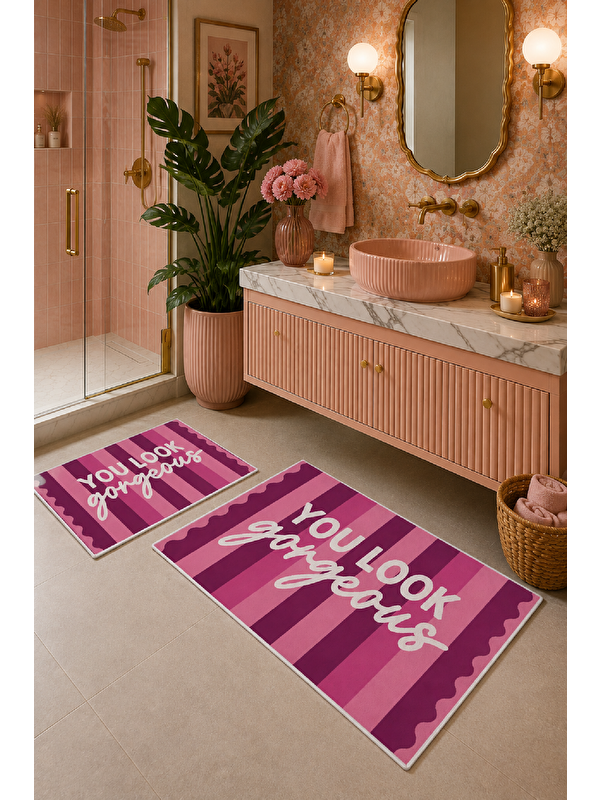 Milbay Grup Pembe Bordo You Look So Good Yazılı Banyo Paspası 2’li Set