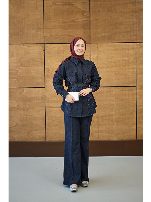 Locco Moda Kadın Süs Dikiş Detay Jean Takım Lacivert