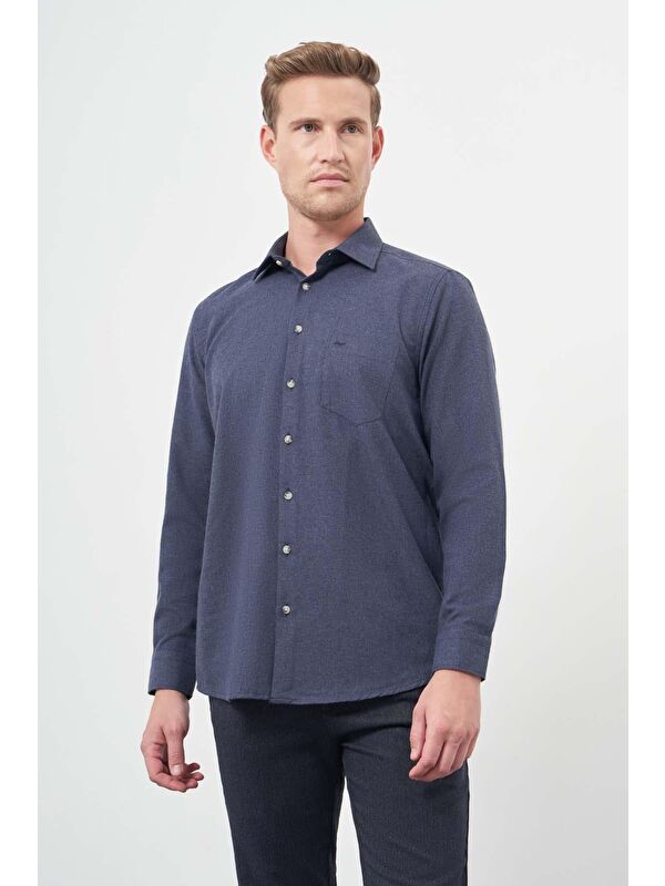 İMZA Koyu Lacivert Uzun Kol Düz Gabardin Sert Yaka Cepli Pamuklu Classic Comfort Fit Gömlek 1004245168
