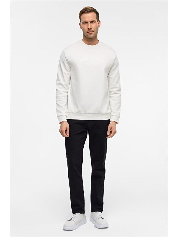 Süvari Beyaz Regular Düz Bisiklet Yaka Sweatshirt