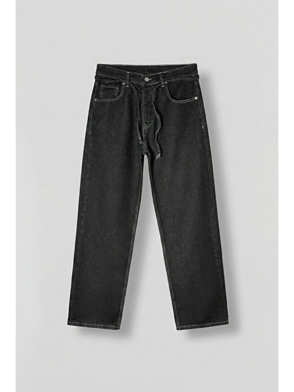 Abluka Online Erkek Baggy Fit Bağcıklı Bel Jean Pantolon Siyah