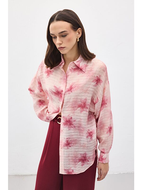 SATEEN Kolu Katlamalı İnce Gömlek - Pembe