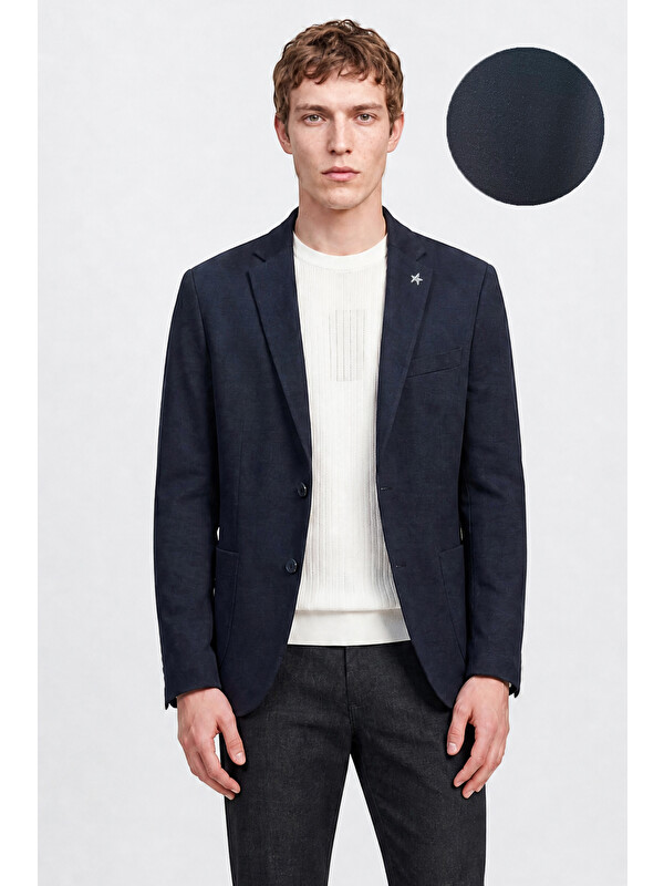 Altınyıldız Classics Erkek Lacivert Yünlü Slim Fit Dar Kesim Mono Yaka Torba Cepli Blazer Ceket