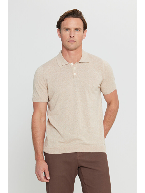 Altınyıldız Classics Erkek Bej Pamuklu Keten Standart Fit Normal Kesim Polo Yaka Triko Tişört