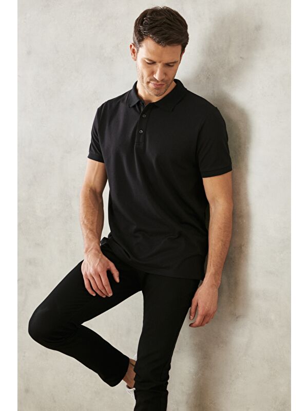 AC&Co / Altınyıldız Classics Erkek Siyah-Siyah Slim Fit Dar Kesim Kıvrılmaz Polo Yaka Kısa Kollu Tişört