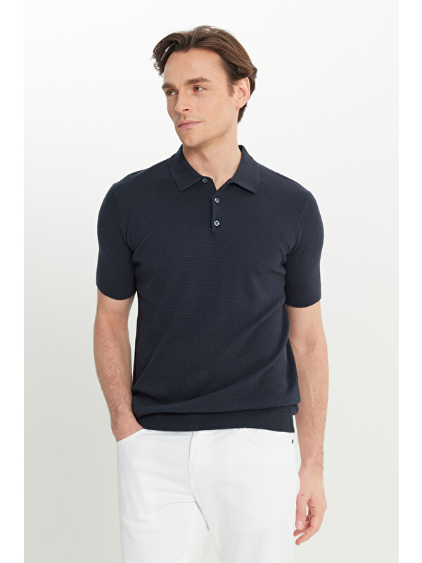 Altınyıldız Classics Erkek Lacivert %100 Pamuk Standart Fit Polo Yaka Jakarlı Triko Tişört
