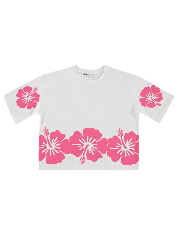 Civil Girls Hibiskus Çiçek Baskılı 10-13 Yaş Tişört - Kırık Beyaz
