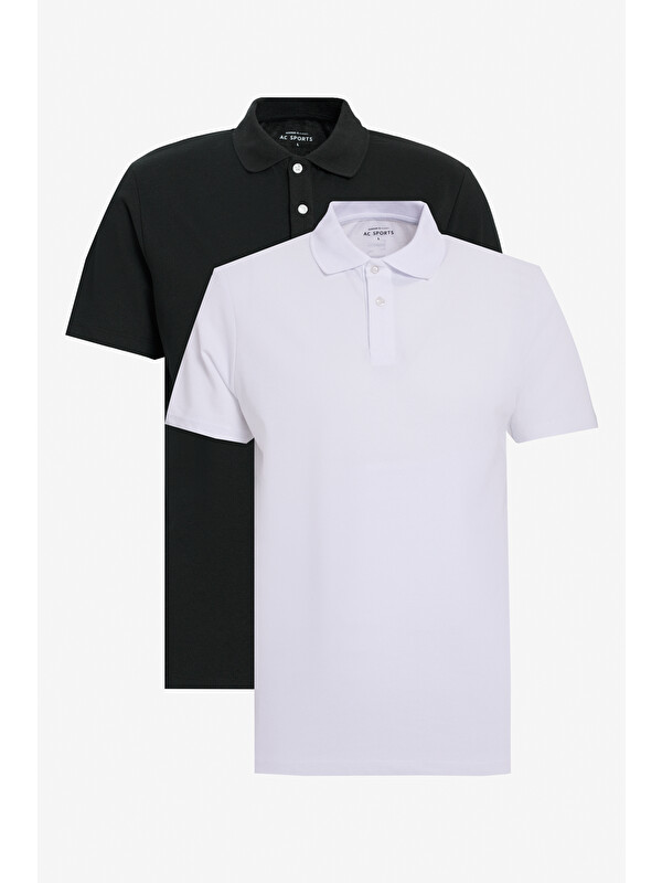 Altınyıldız Classics Erkek SIYAH-SIYAH/BEYAZ-BEYAZ 2'li Slim Fit Dar Kesim Pamuklu Polo Yaka Tişört