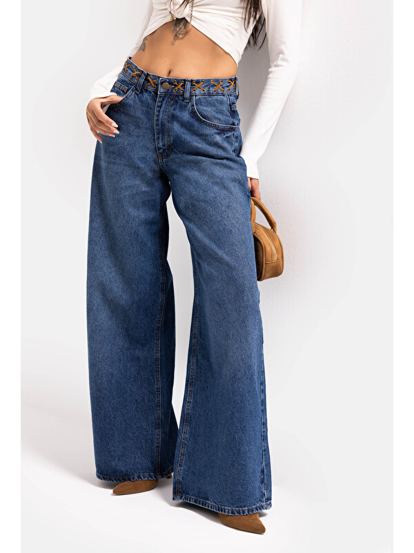 It's Basic Kadın Mavi 2w6-5 Palazzo Fit Kemer Detaylı Özel Tasarım Denim Jean