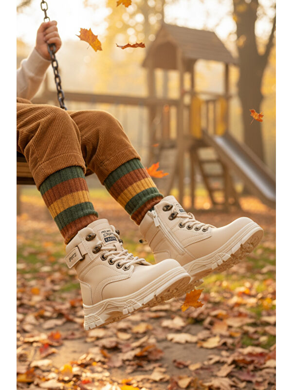 Ayakmod Bej Ayakmod İçi Polarli Kaymaz Taban Unisex Çocuk Bot 24035 F