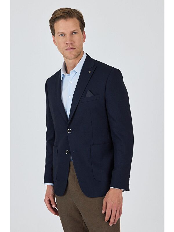 İMZA Lacivert Kılıç Yaka   Esnek 6 Drop Slim Fit Classic  Ceket 1002250124