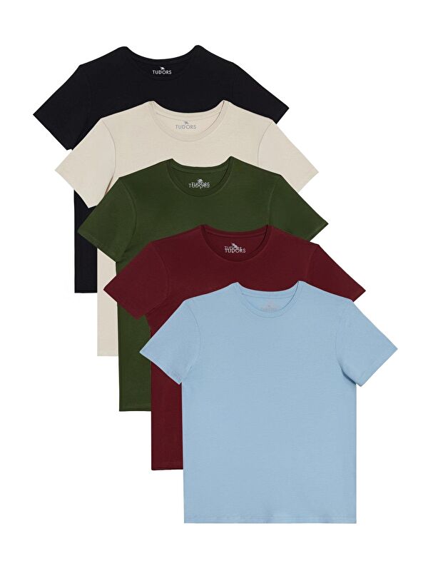 TUDORS Unisex 5'Li Paket Lacivert-Taş-Haki-Bordo-A.Mavi Slim Fit Dar Kesim %100 Pamuk Bisiklet Yaka Tişört