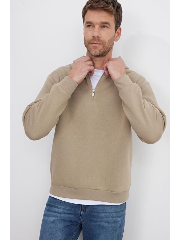 TUDORS Unisex Relax Fit Rahat Kesim Pamuklu İçi Polarlı Yarım Fermuarlı Gri Kapüşonlu Sweatshirt