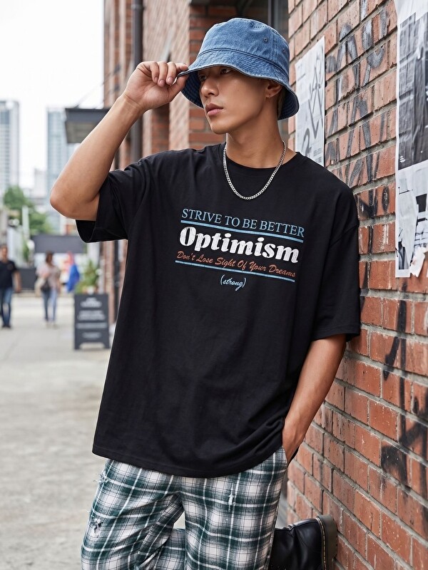 Trendseninle Siyah Optimism Baskılı %100 Organik Pamuk Örme Oversize Tişört