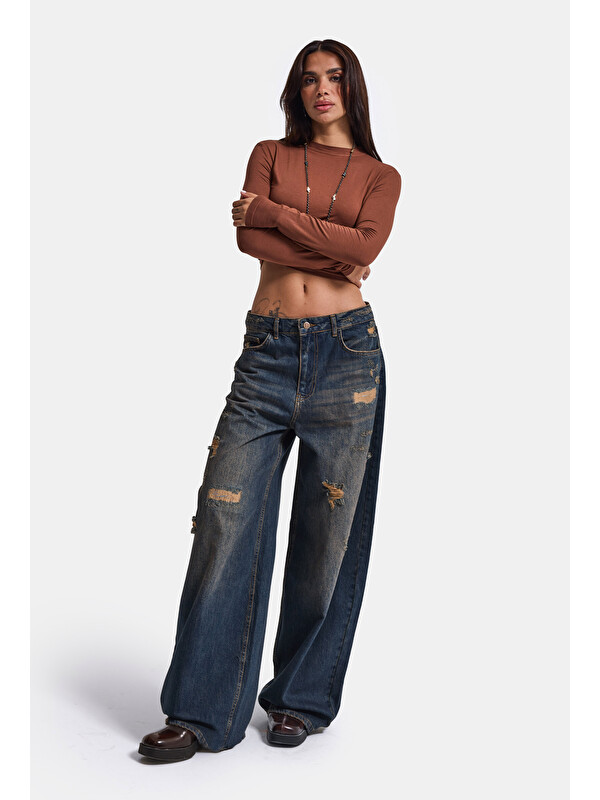 It's Basic Kadın T.Kot Rengi 10w6-8 Palazzo Fit Süper Bol Kesim Denim Jean