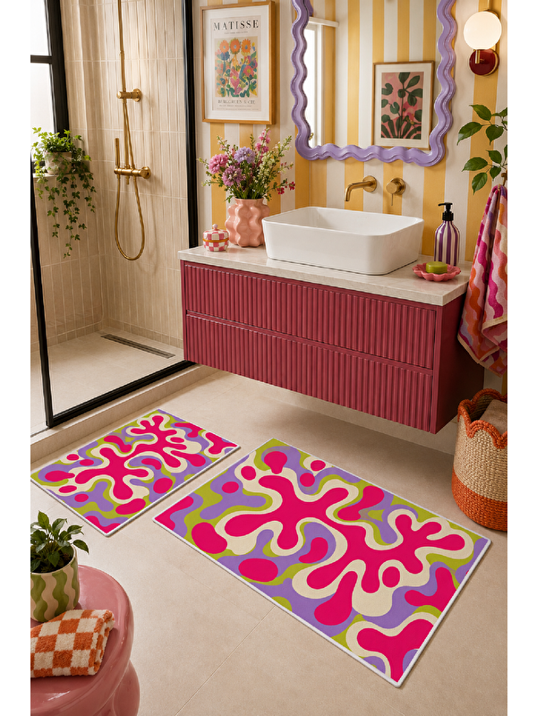 Milbay Grup Pembe Sarı Soyut Dalga Desenli Kaymaz Taban Banyo Paspası 2’li Set