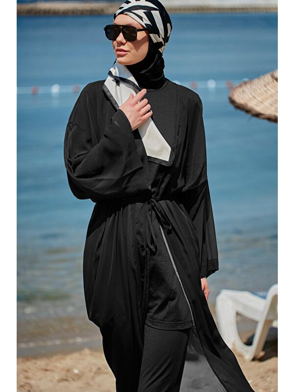 Marina Düz Siyah Kimono Kaftan P2342