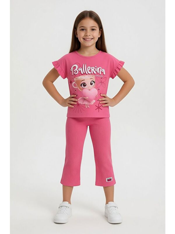 Cansın Mini Pembe Karakter Baskılı Tişörtlü Fitilli Pantolonlu Kız Çocuk 2li Takım 23829