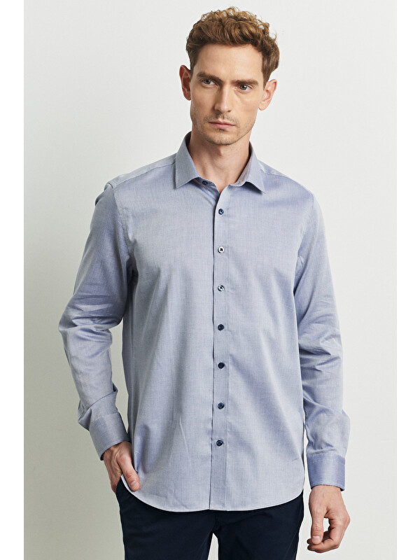 Altınyıldız Classics Erkek Lacivert Slim Fit Dar Kesim %100 Pamuk Klasik Yaka Armürlü Gömlek