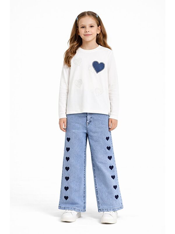 Cansın Mini Ekru Kalp Desenli Badili Jean Pantolonlu Kız Çocuk 2li Takım 23745