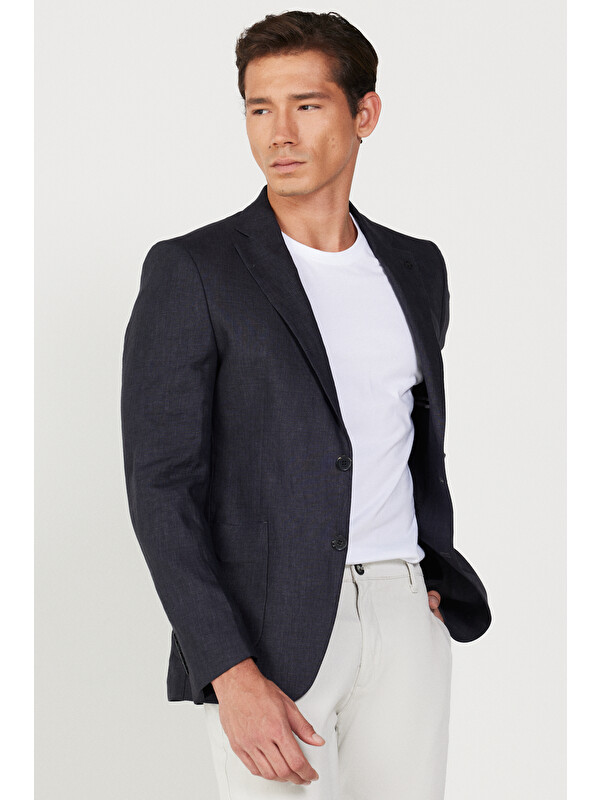 Altınyıldız Classics Erkek Siyah Slim Fit Dar Kesim Mono Yaka %100 Keten Desenli Ceket