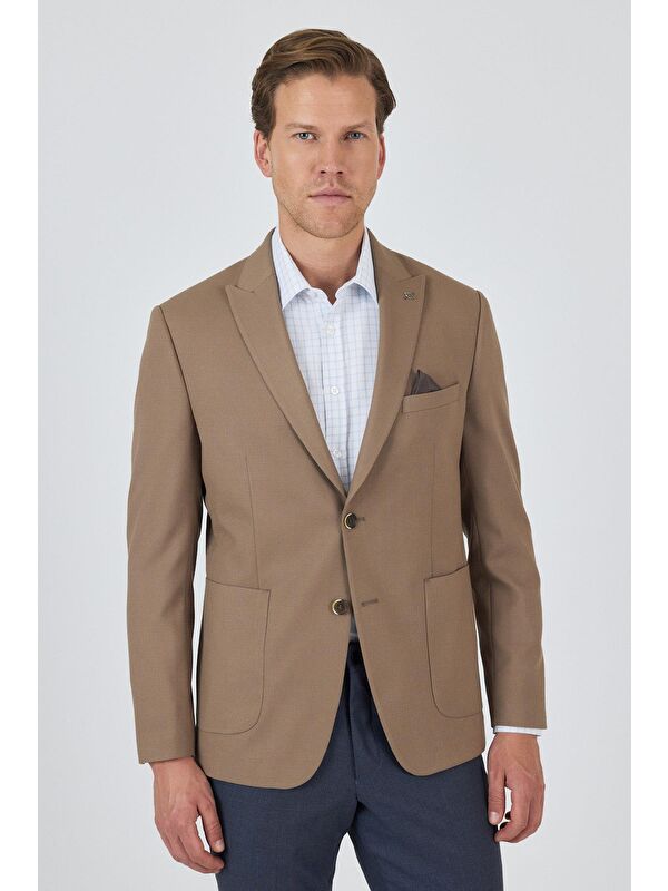 İMZA Koyu Bej Kılıç Yaka   Esnek 6 Drop Slim Fit Classic  Ceket 1002250124