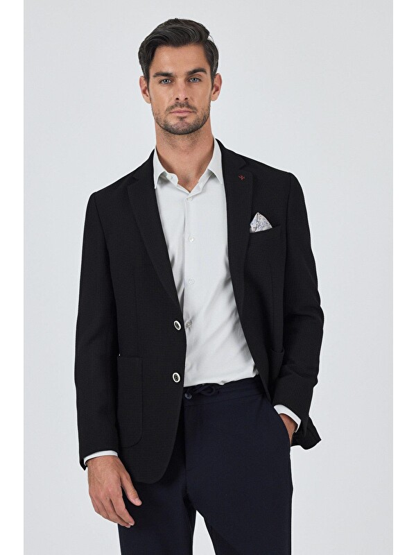 İMZA Siyah Mono Yaka Gofreli  Esnek 6 Drop  Casual  Blazer Ceket 1002250125